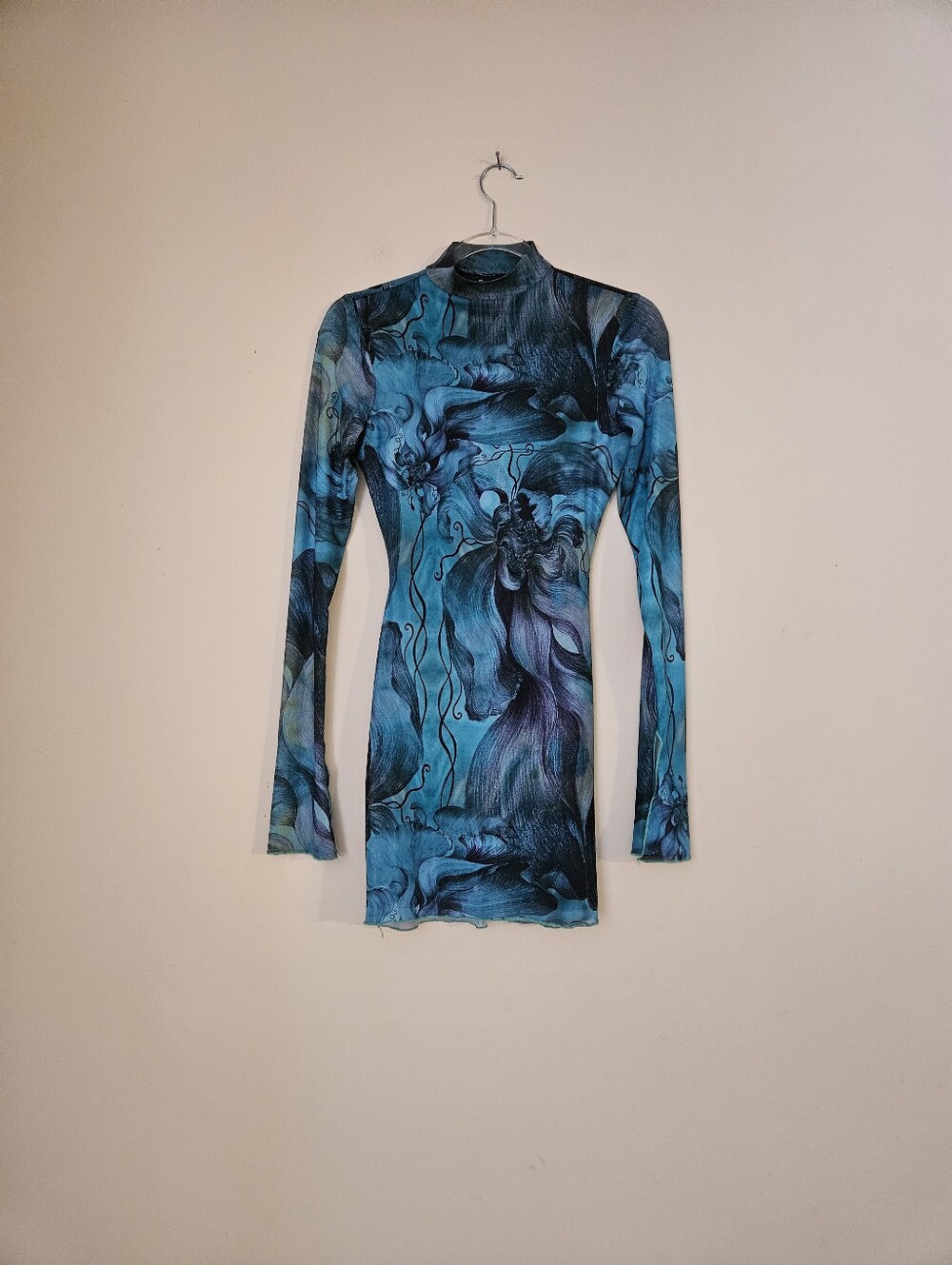 Windsor Teal & Navy Abstract Long-Sleeve Bodycon Mesh Dress, Size Small